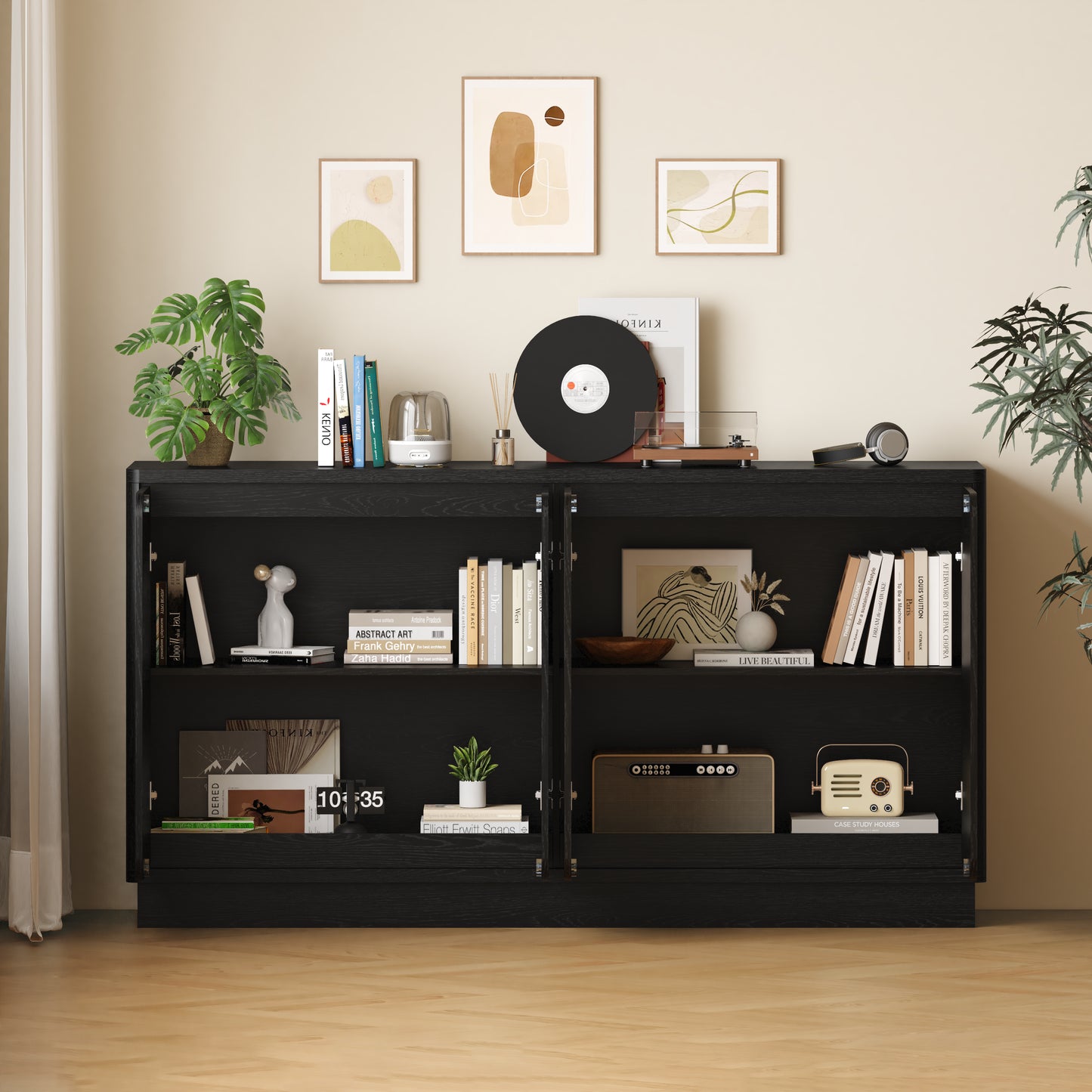 59.1-Inch Black 4-Door Sideboard Buffet Cabinet with Adjustable Shelves