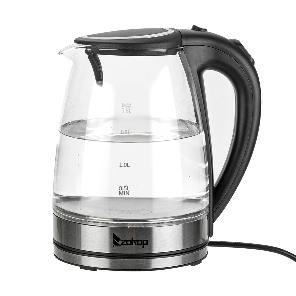 1.8L Electric Glass Kettle with Blue LED, Auto Shut-Off, 1500W