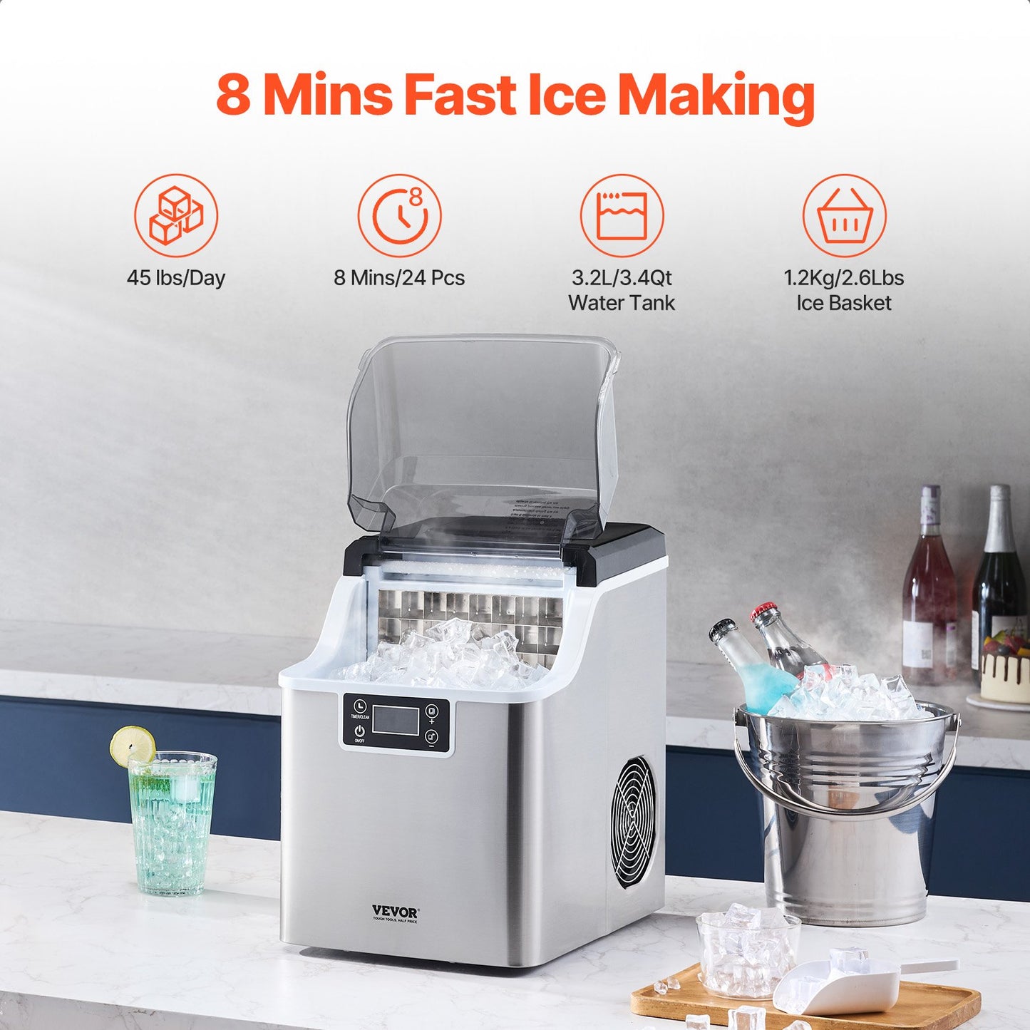 Portable Countertop Ice Maker 45Lbs/24H Stainless Steel Self-Cleaning with Scoop
