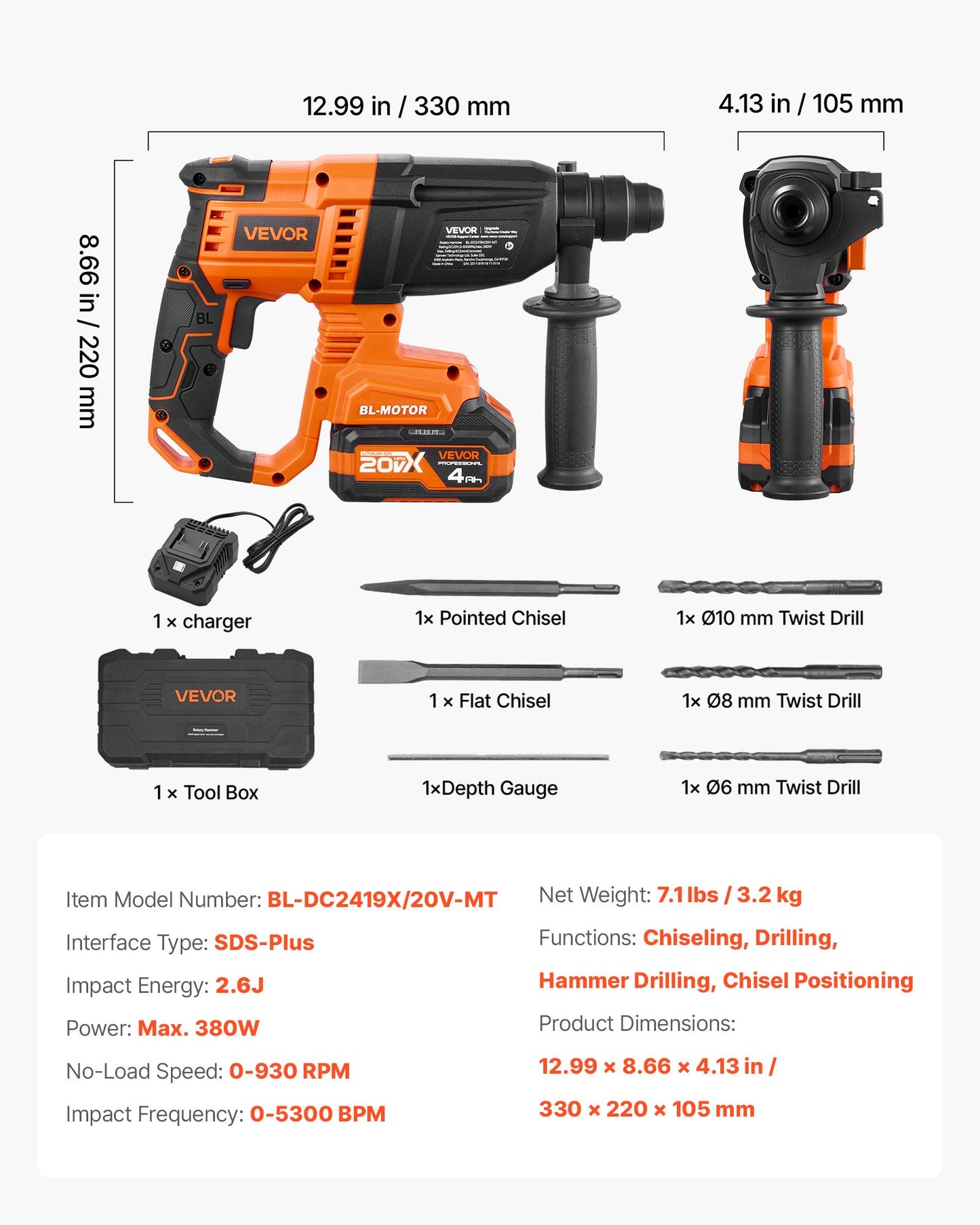 Cordless 20V Rotary Hammer Drill with SDS-Plus Bits and Chisels for Concrete