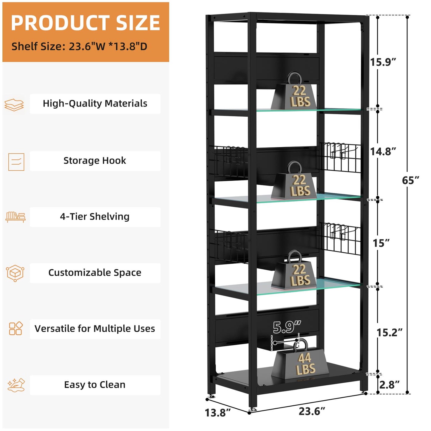 4-Tier LED Lighted Glass Display Shelf with RGB Lights - Black