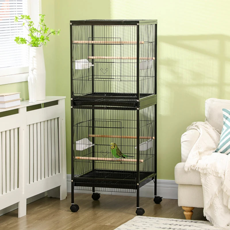 2-in-1 Bird Cage Aviary with Wheels for Finches and Parakeets, Black