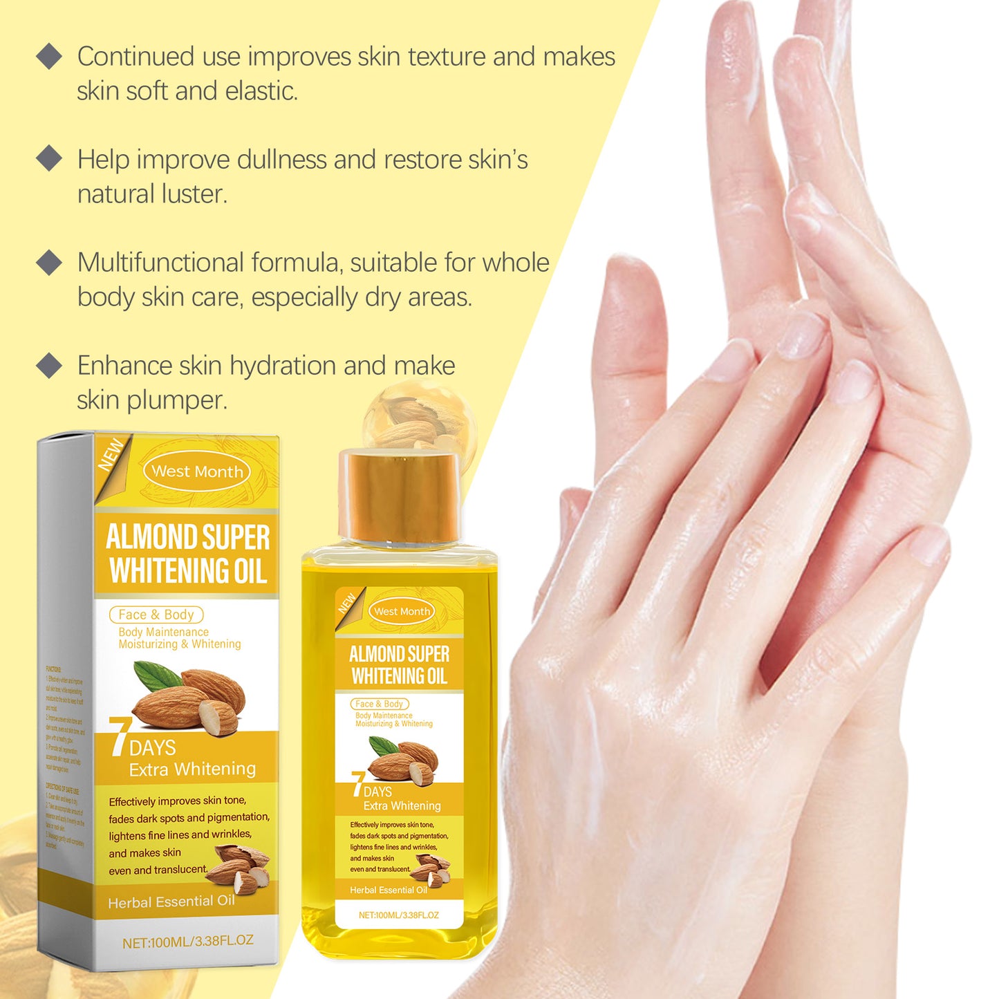 Sweet Almond Body Brightening Oil with Vitamin C & Hyaluronic Acid, 100ml