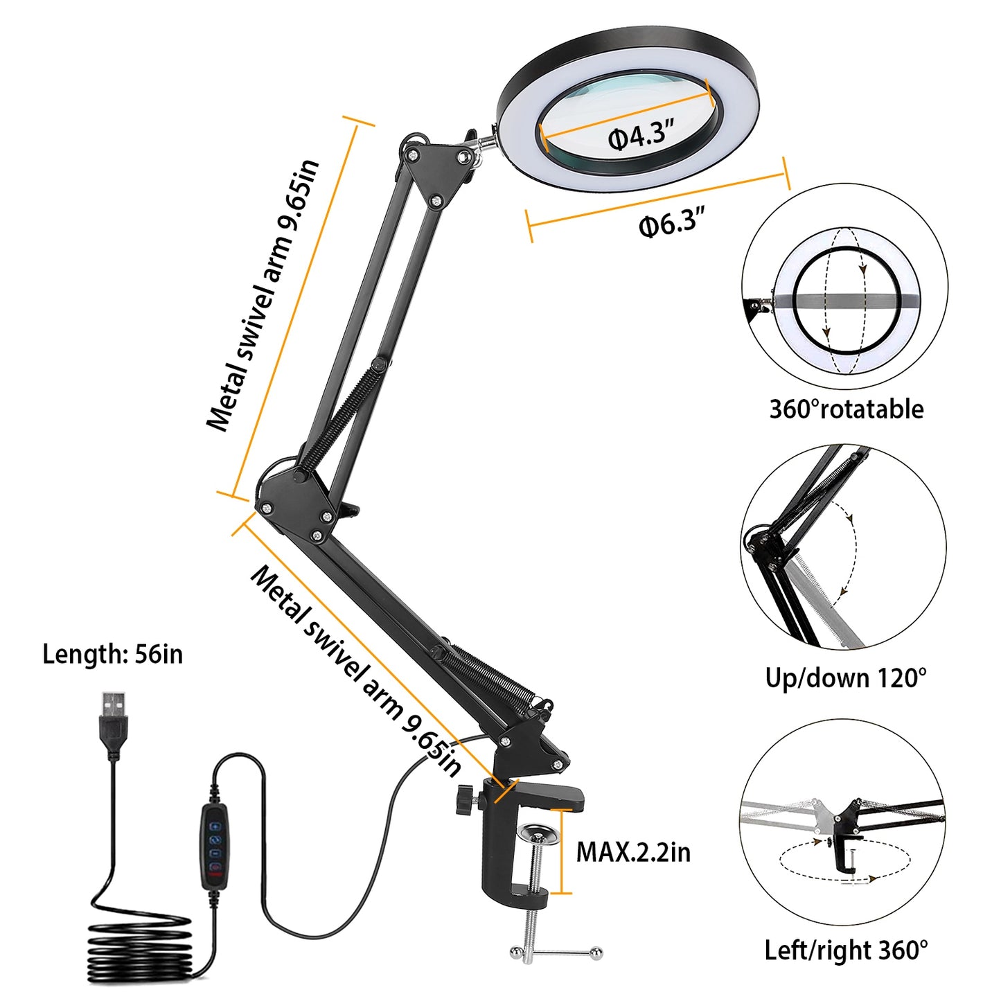 8X Magnifying Desk Lamp with Light, Clamp & Stand, 3 Light Modes, Black