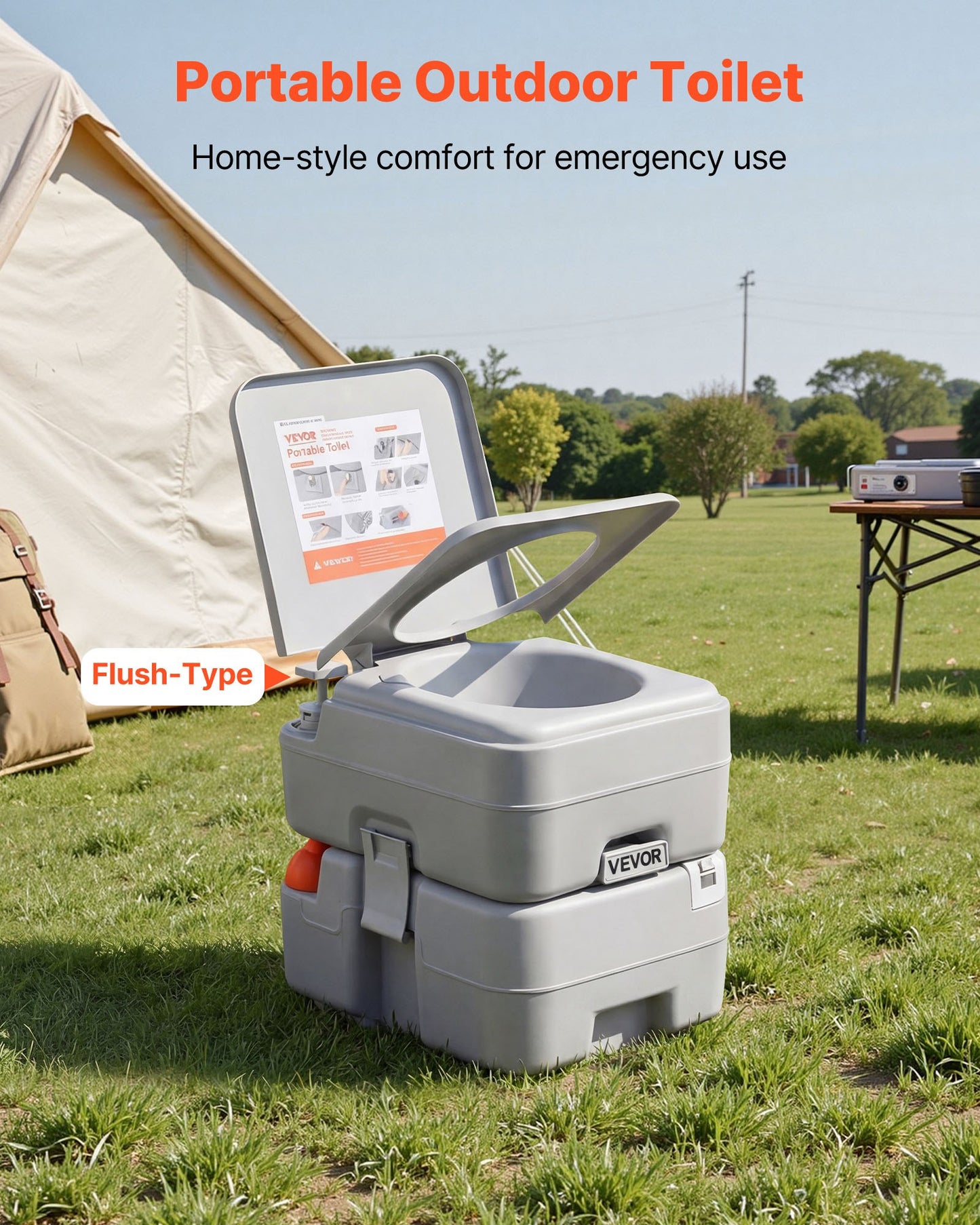 Portable Camping Toilet with Detachable Waste Tank and Flush - Black