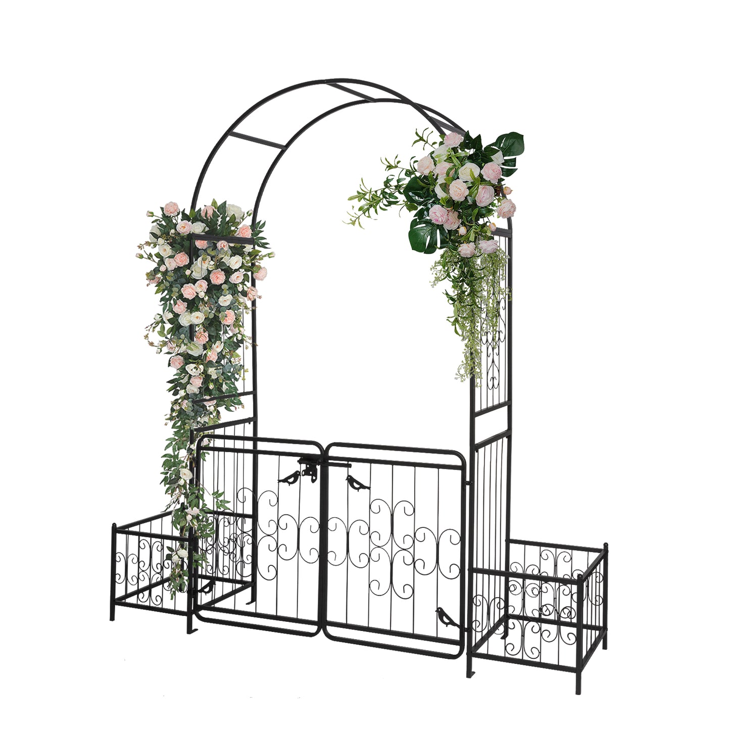 Garden Arbor Arch with Gate and Planter Box - Black Iron Support for Climbing Plants