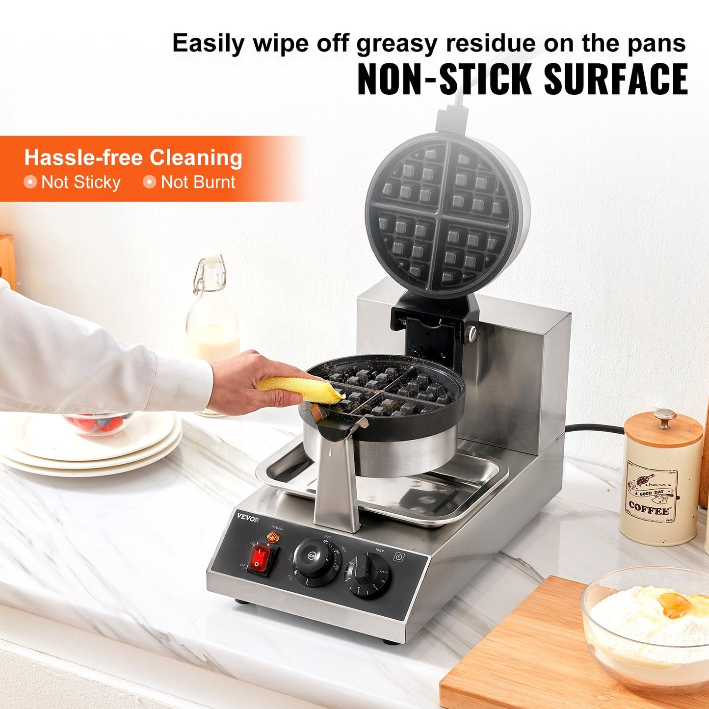 Commercial Round Waffle Maker 1300W Non-Stick Rotatable Kitchen Appliance