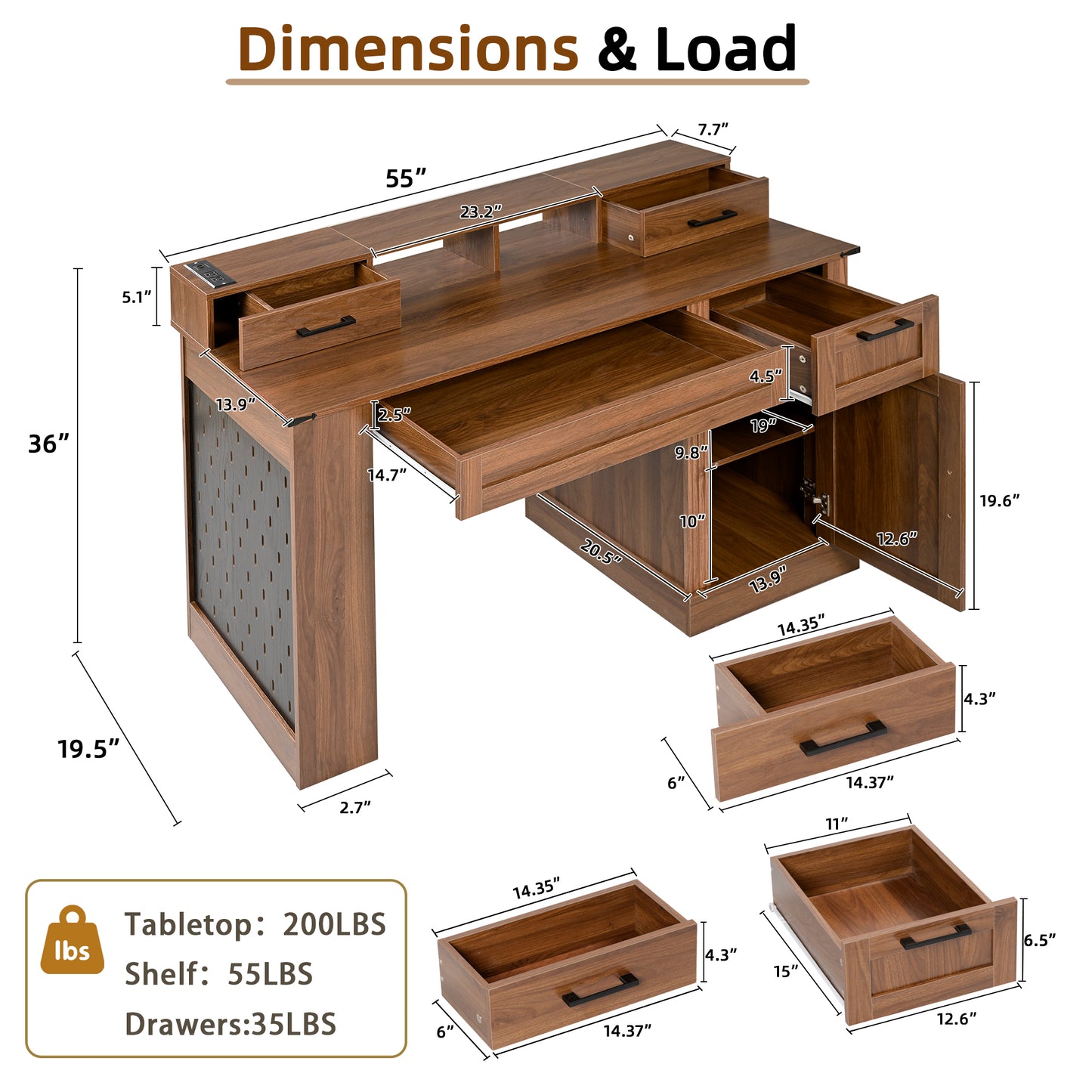 55" Farmhouse Office Desk with Storage & Charging Station - Dark Walnut