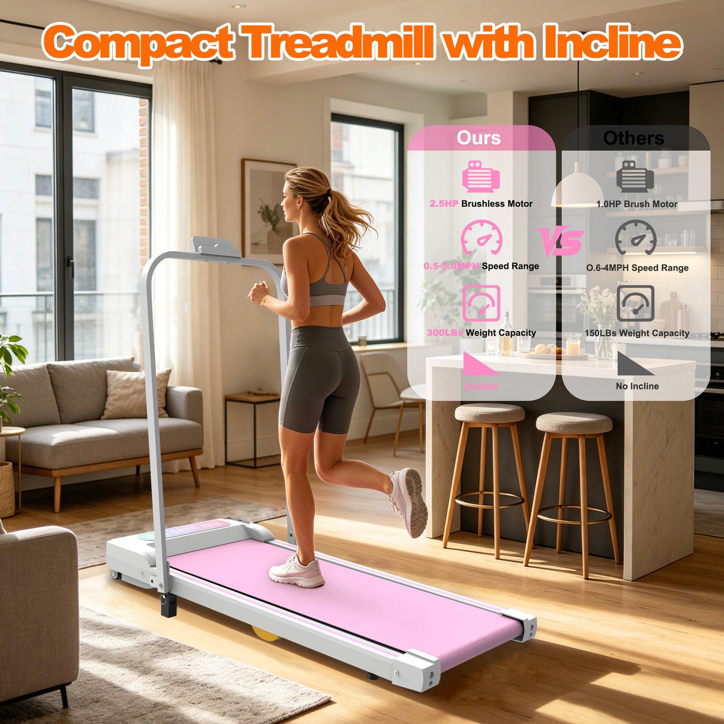 Under Desk Treadmill with Incline - 2 in 1 Portable Walking Pad - Pink