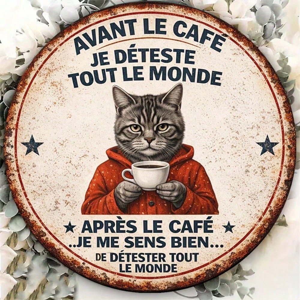 Vintage French Lover Cat Round Metal Wall Sign - 8x8in