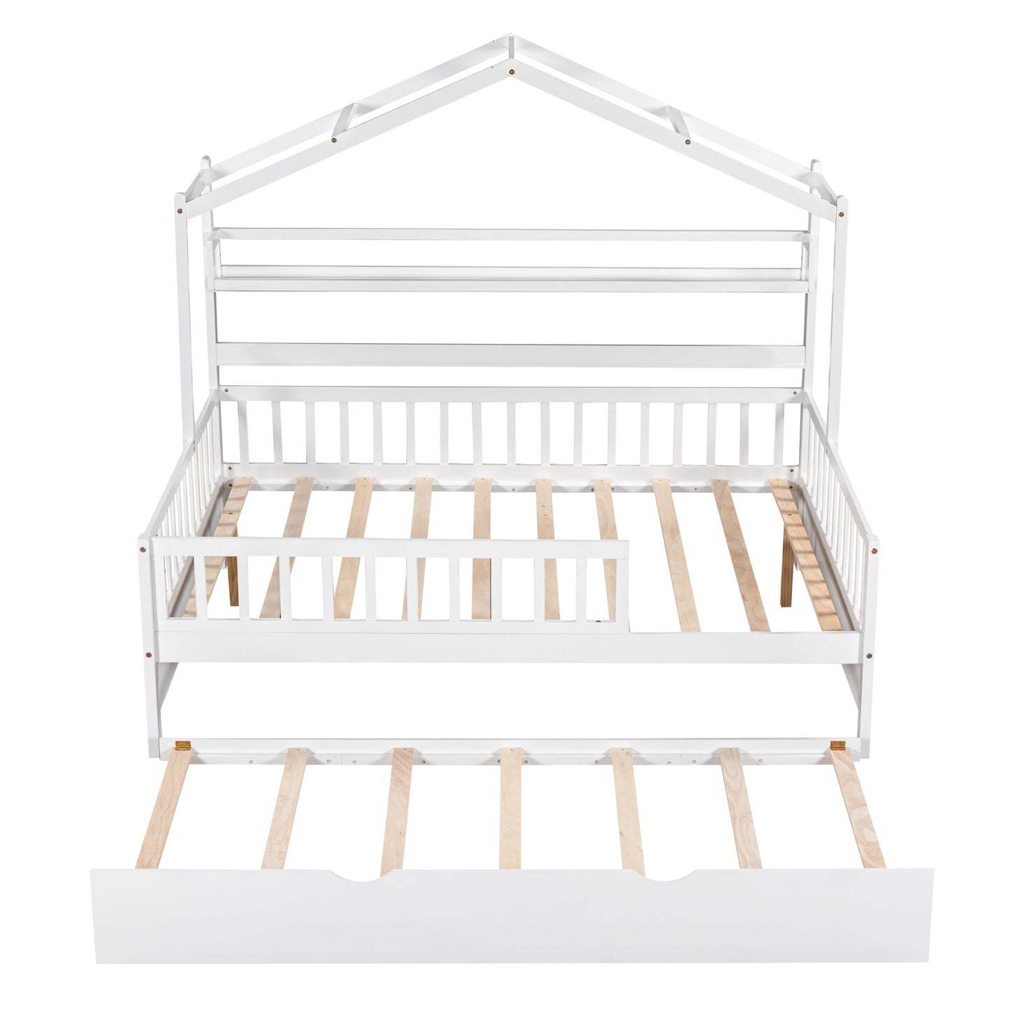 Wooden Full Size House Bed With Twin Trundle,Kids Shelf, White Old