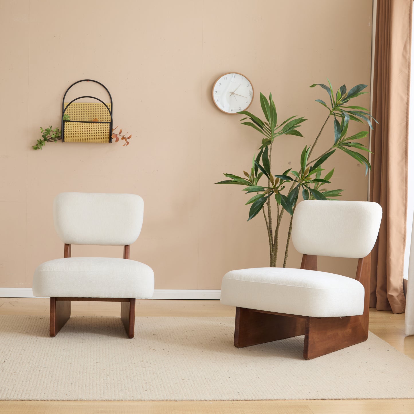 Modern Beige Lounge Chair With Polyester Upholstery, Sturdy Wood Base