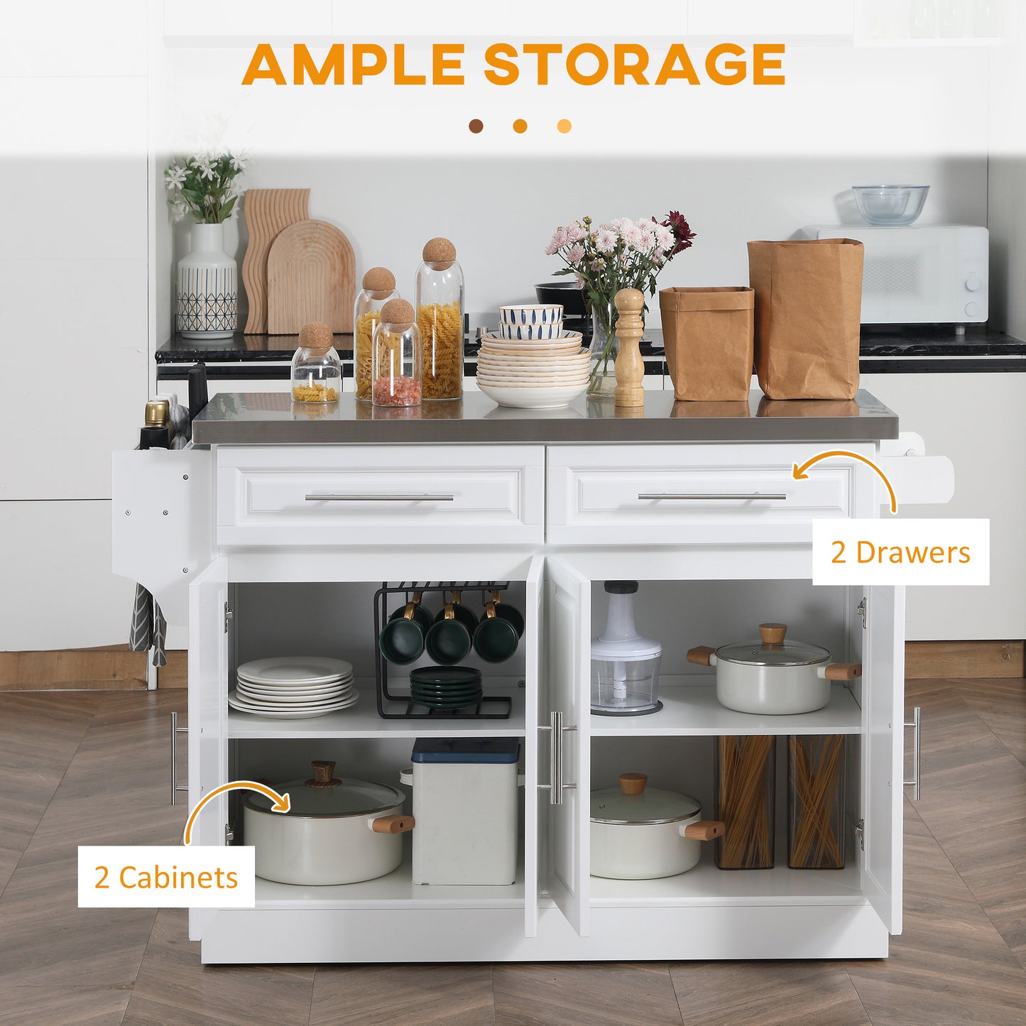 Portable Kitchen Island Cart with Stainless Steel Top & Wheels