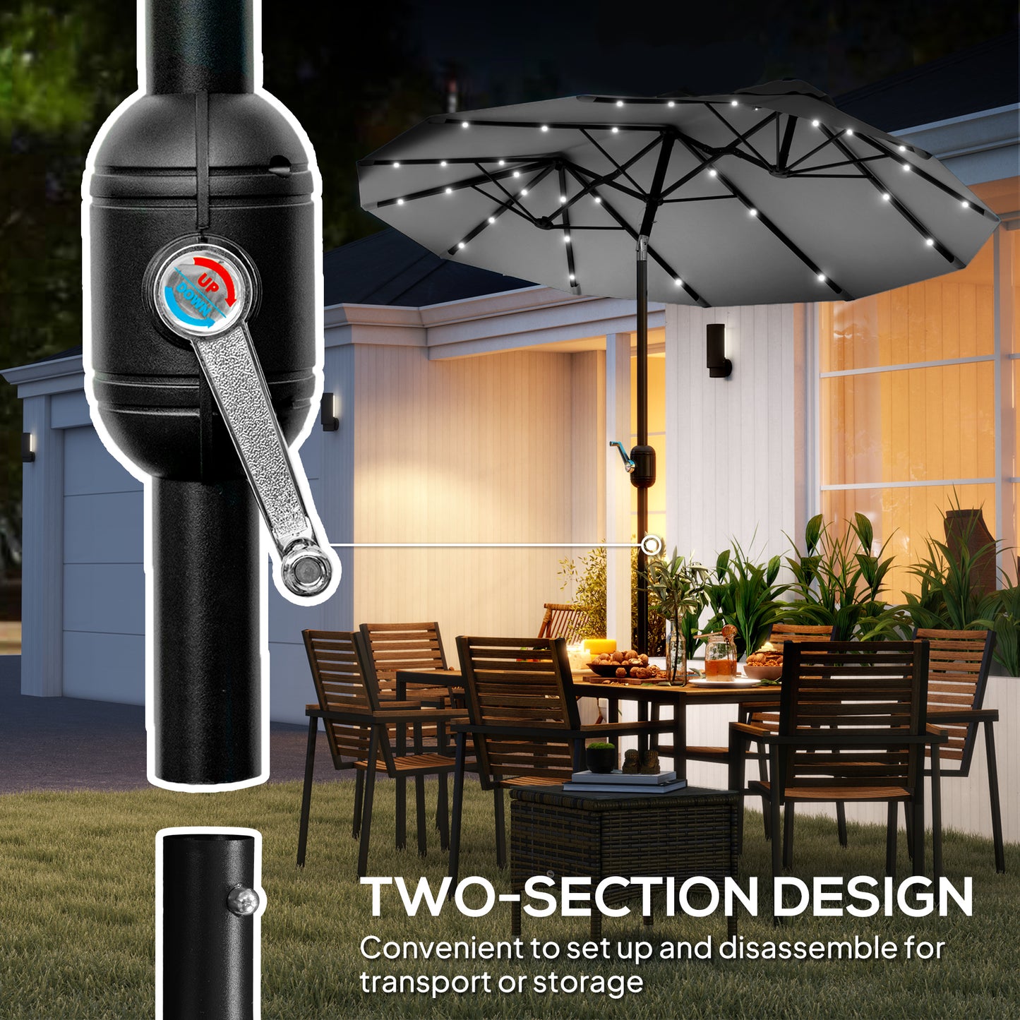 Double-Sided Patio Umbrella with Solar LED Lights - Gray