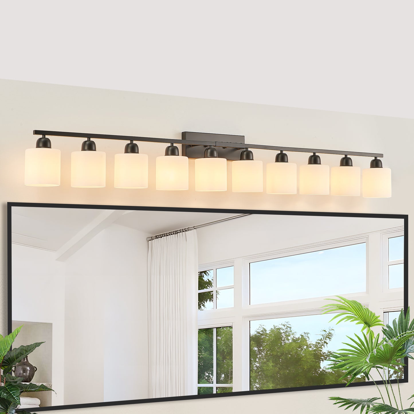 10-Light Bathroom Vanity Light Fixture - Matte Black with White Shades