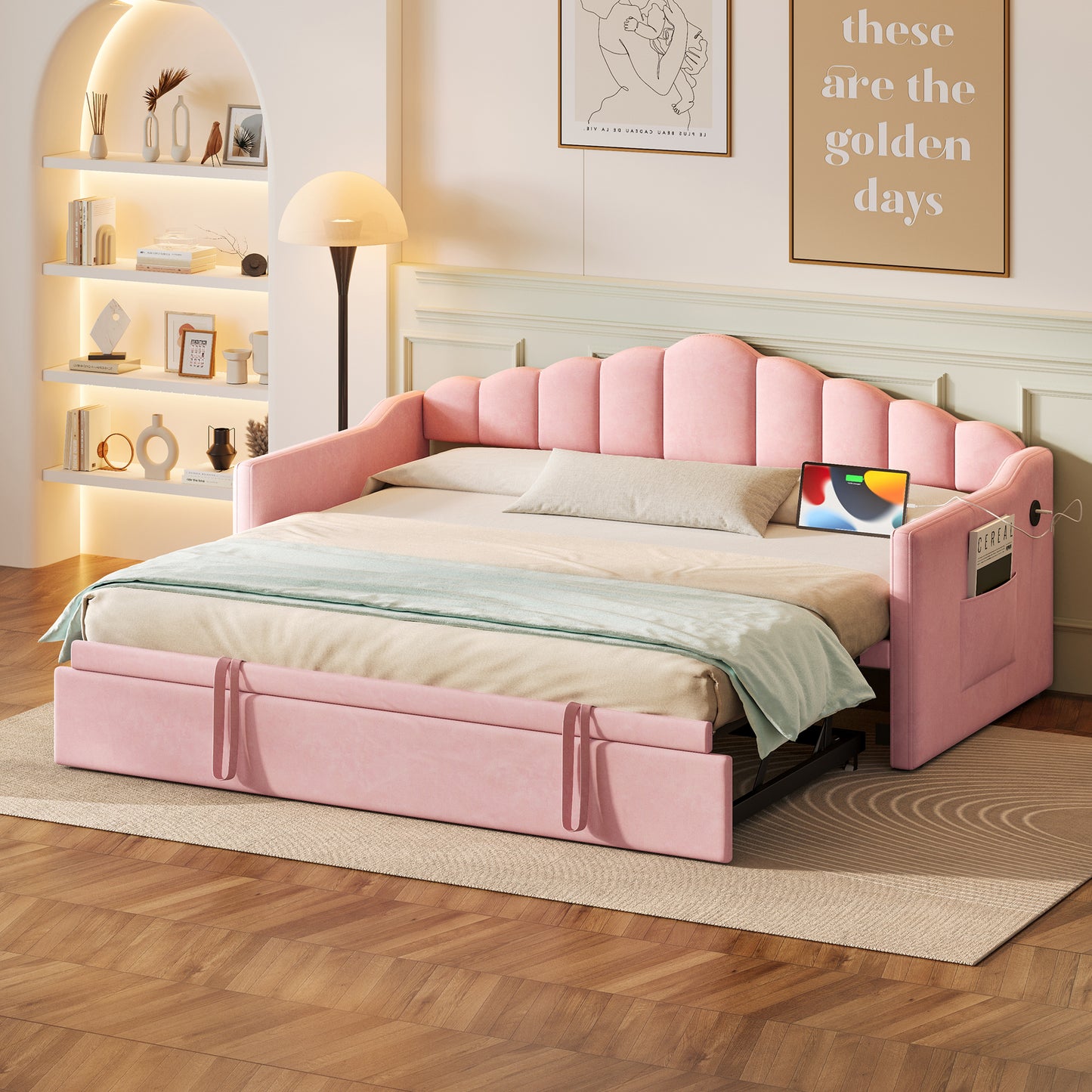 Upholstered Twin Size Daybed With Adjustable Height Pop Up Trundle