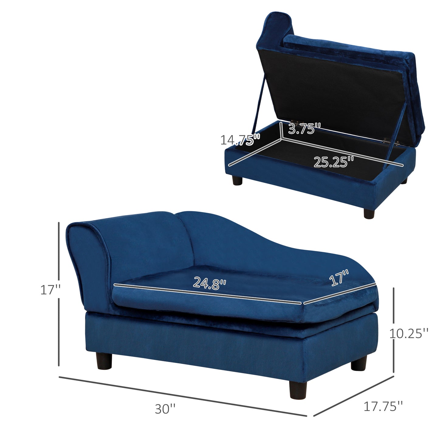 Pet Sofa Bed Couch with Storage for Cats and Small Dogs - Blue, 740x485x165mm