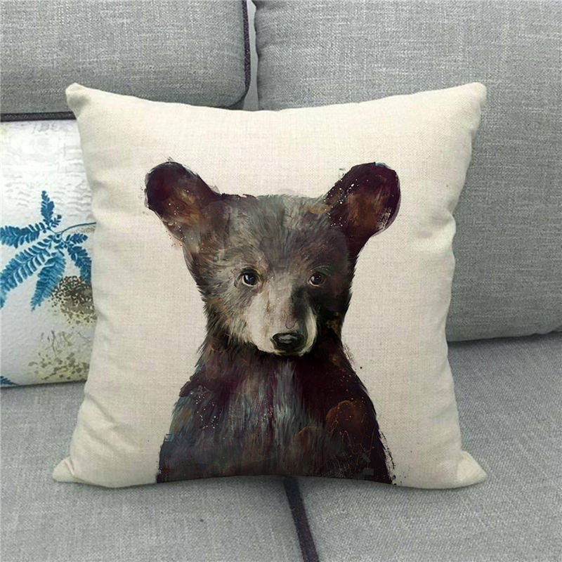 Cute Owl Print Linen Pillowcase - 45x45cm Pastoral Cartoon Decor