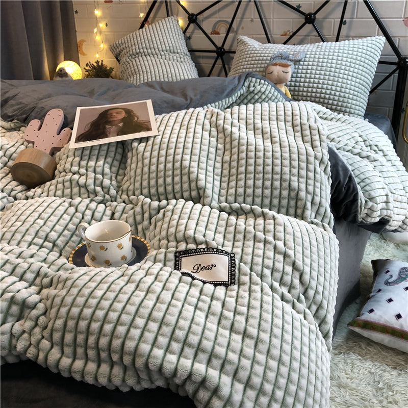 Dark Gray Velvet Bedding Set with Quilt Cover and Pillowcases - Four Piece