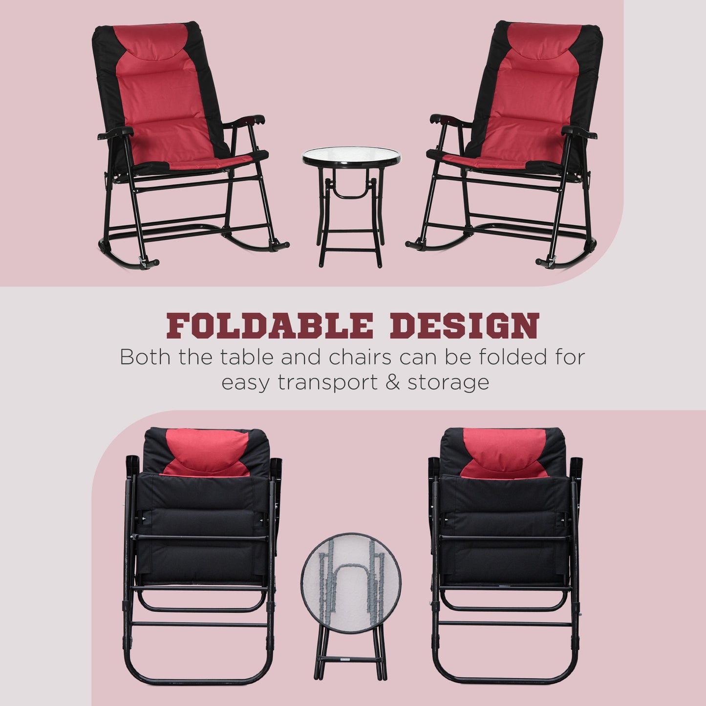 3-Piece Outdoor Bistro Set with Folding Rocking Chairs - Red