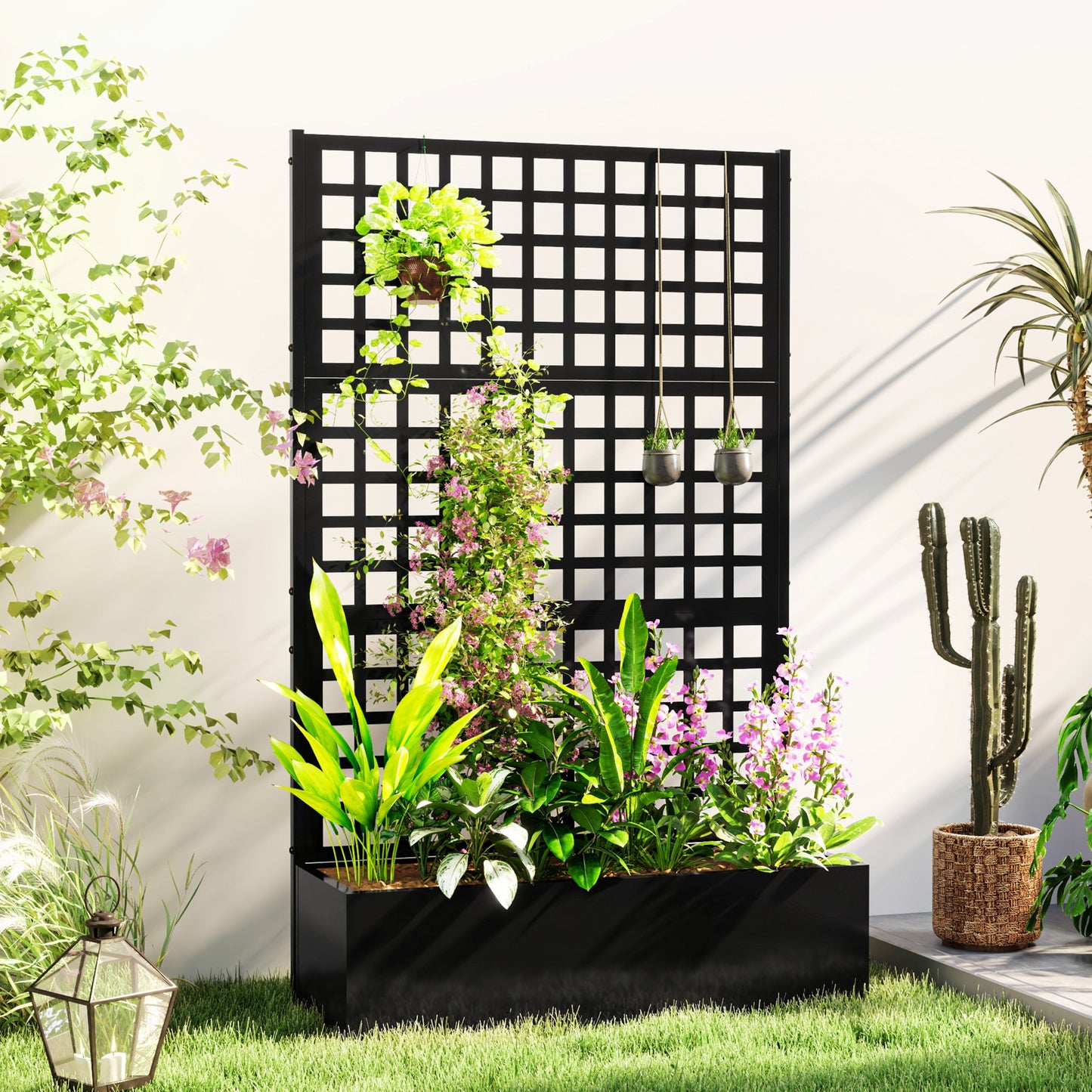 Galvanized Raised Garden Bed Planter with Trellis - 43x16x70 Inches, Black