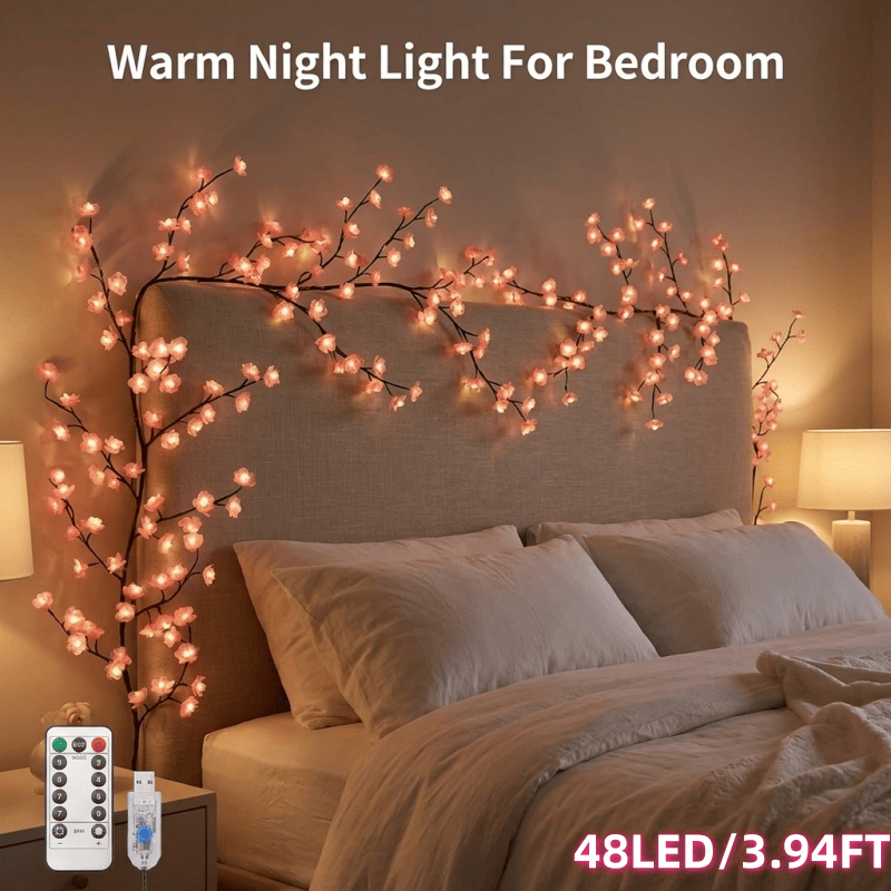 LED Cherry Blossom Wall Lights with Remote - 8 Modes, Flexible Branches, USB Power