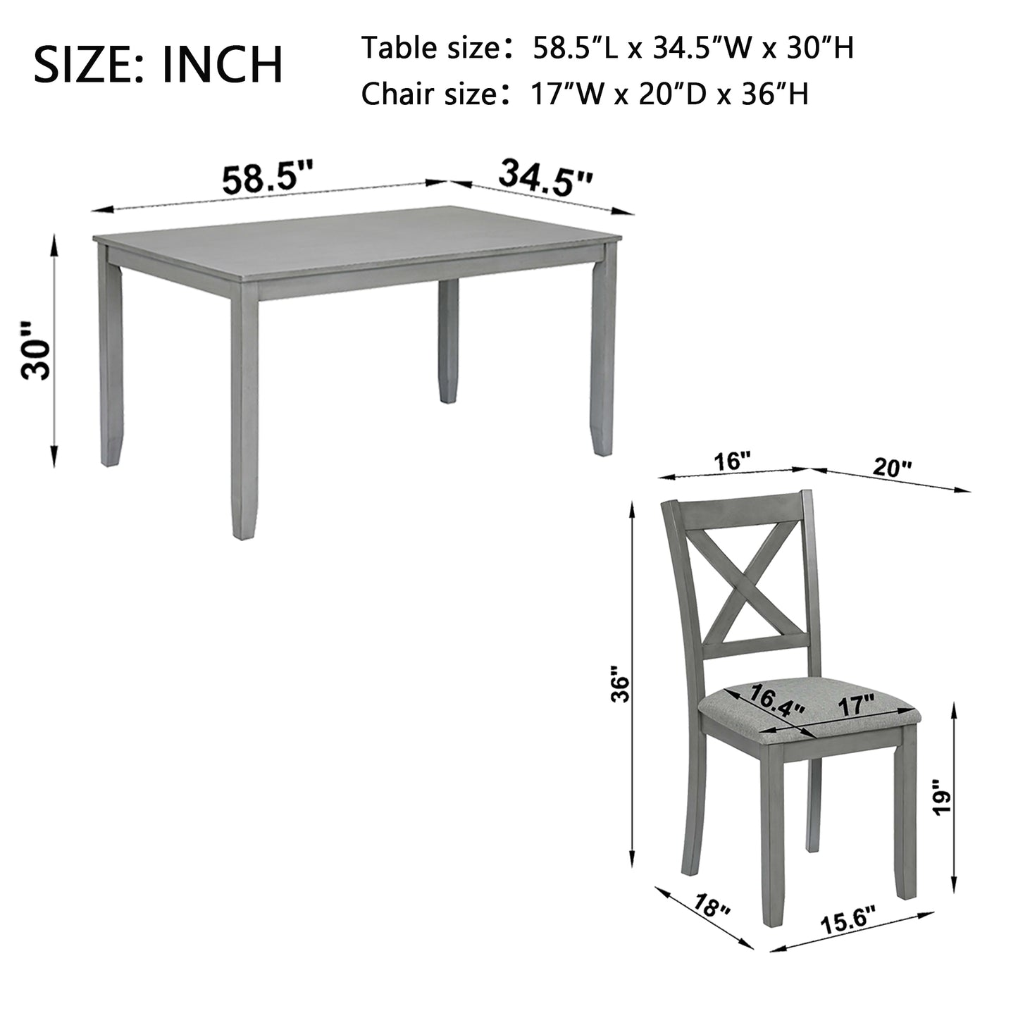 Modern 7-Piece Solid Wood Dining Table Set with 6 Chairs - Grey