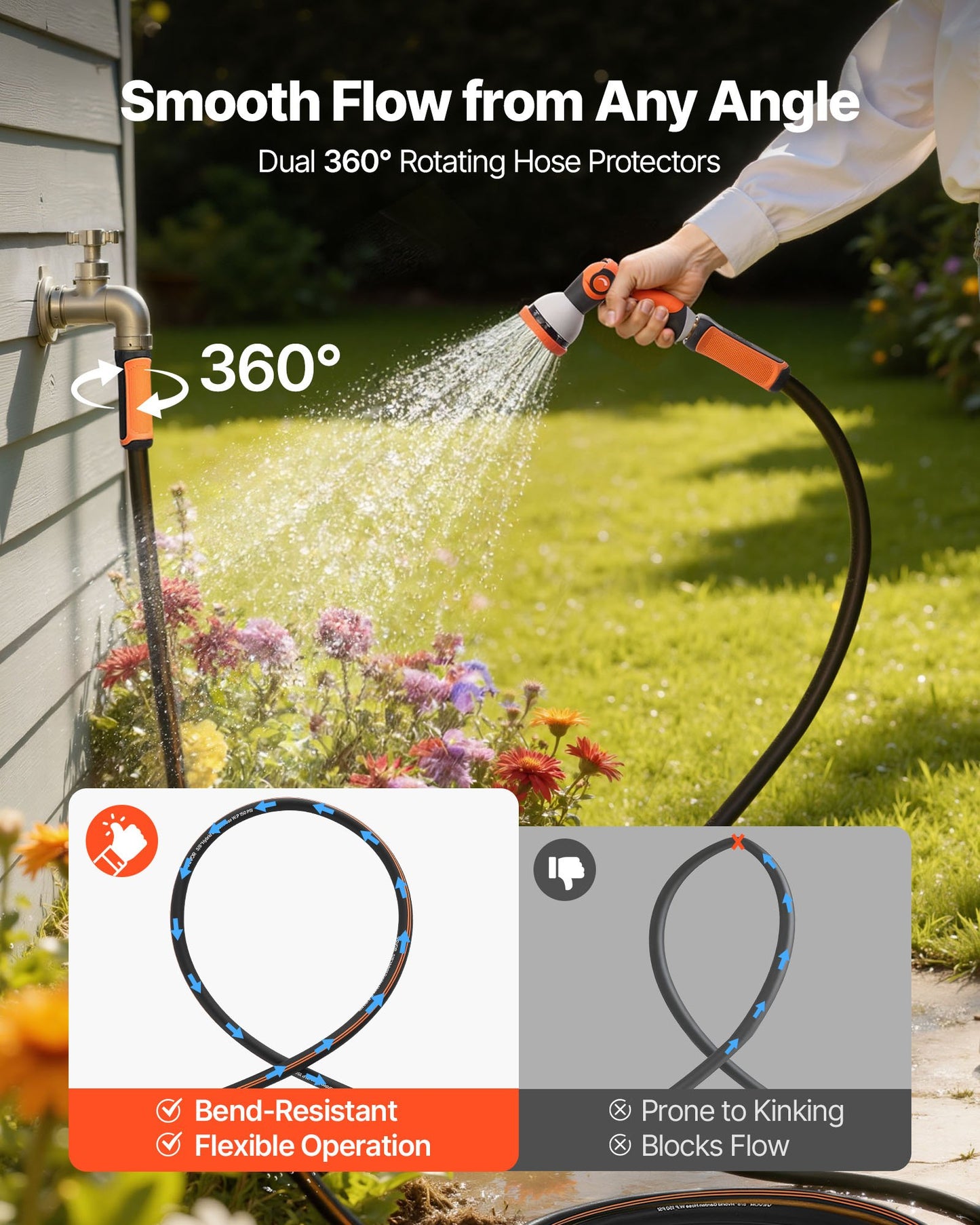 200 Ft Heavy Duty Rubber Garden Hose with 10-Pattern Nozzle, Leak-Proof Fittings