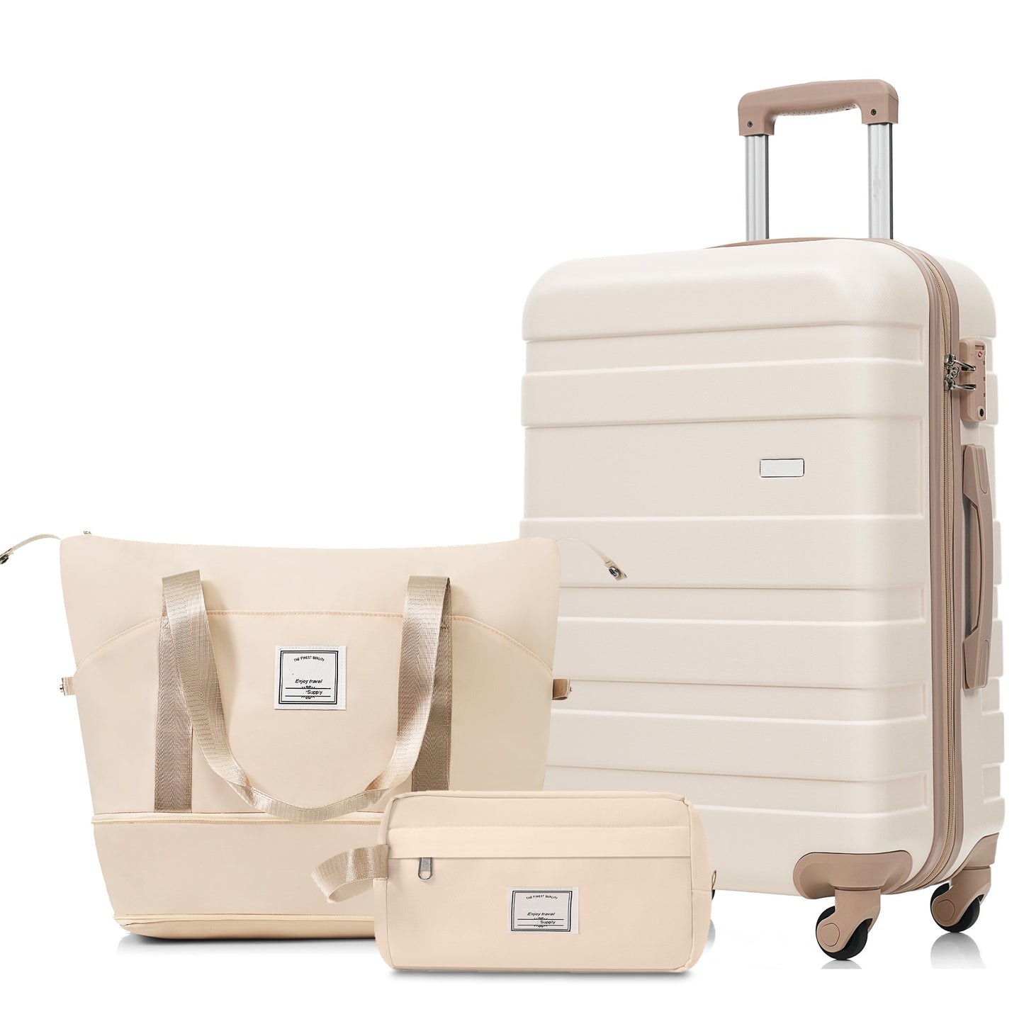 3-Piece Hard Case Luggage Set - 24in Suitcase, Travel Duffel & Toiletry Bag - Ivory & Gold