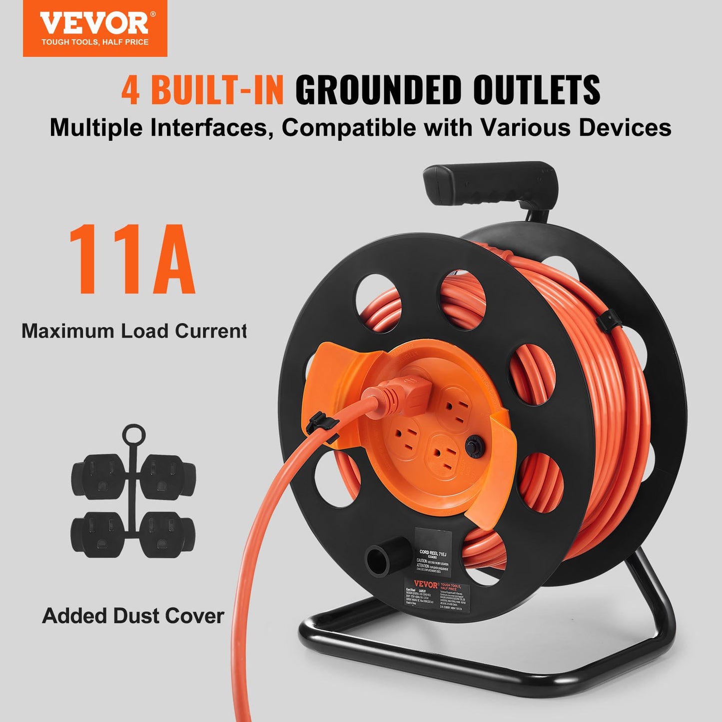 Heavy Duty 100FT Extension Cord Reel with 4 Outlets Dust Cover Circuit Breaker Orange