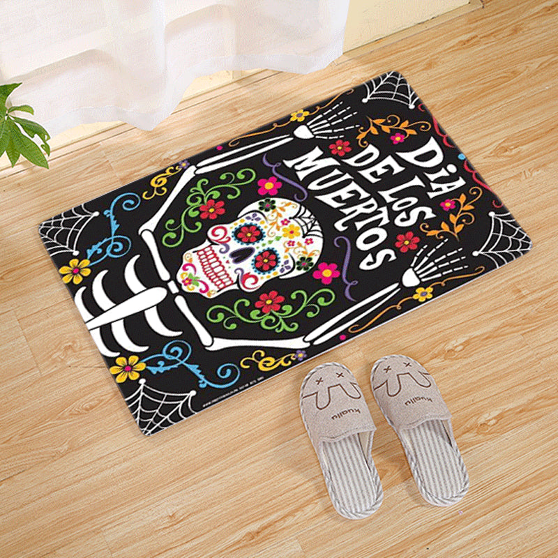 Halloween Flannel Floor Mat Non-Slip Bathroom Door Rug Skull Design