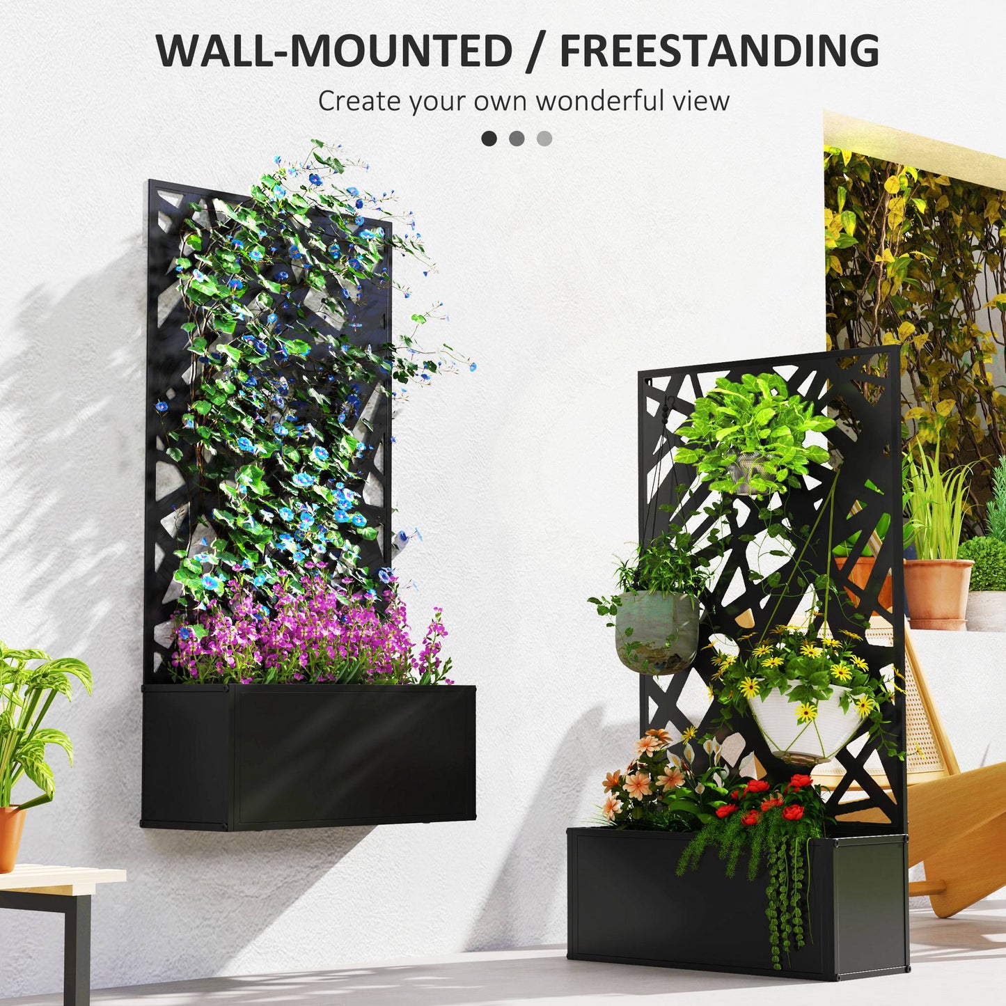 Metal Garden Planter Box with Privacy Screen - Wall-Mount or Freestanding, 24 x 9.1 x 44.5 inches