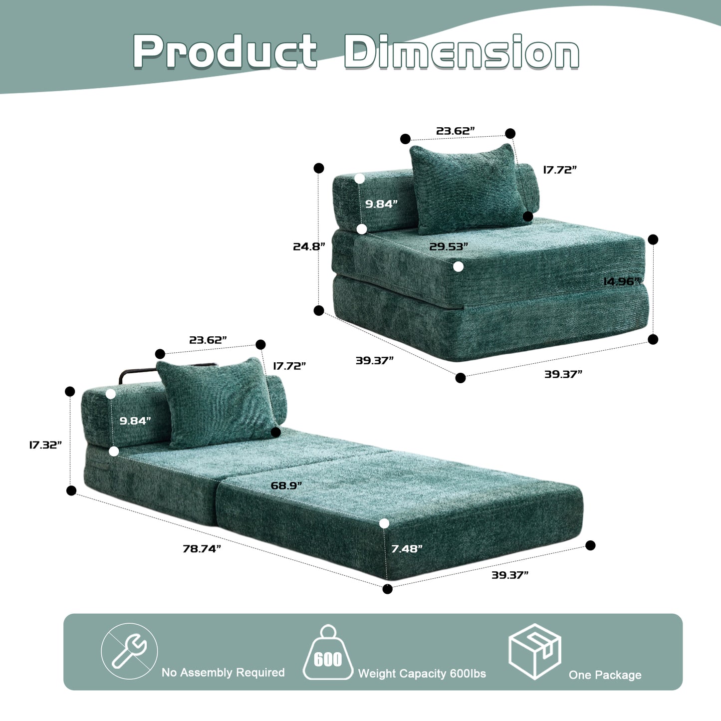 Convertible Floor Sofa Bed - Dark Green Chenille Fabric