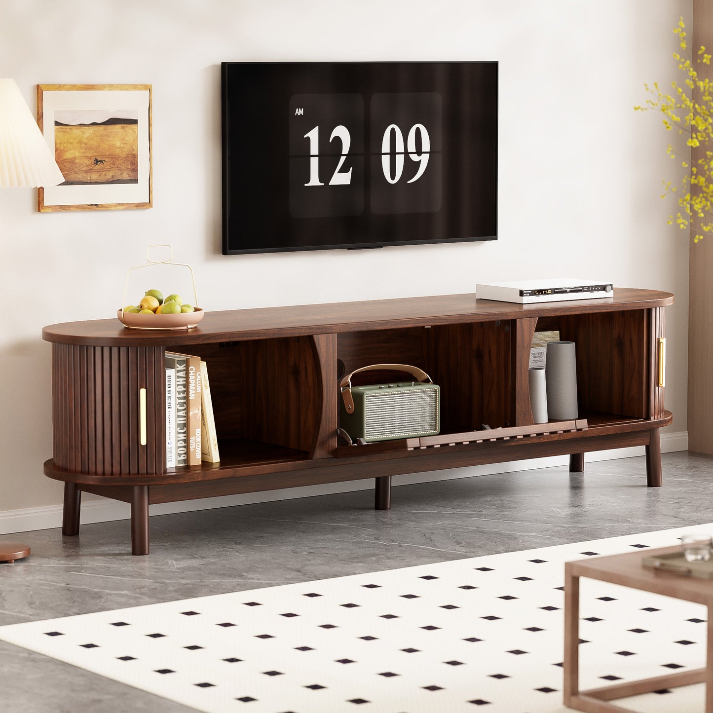 Modern Farmhouse TV Stand for 75" TVs - Dark Brown Wood Console