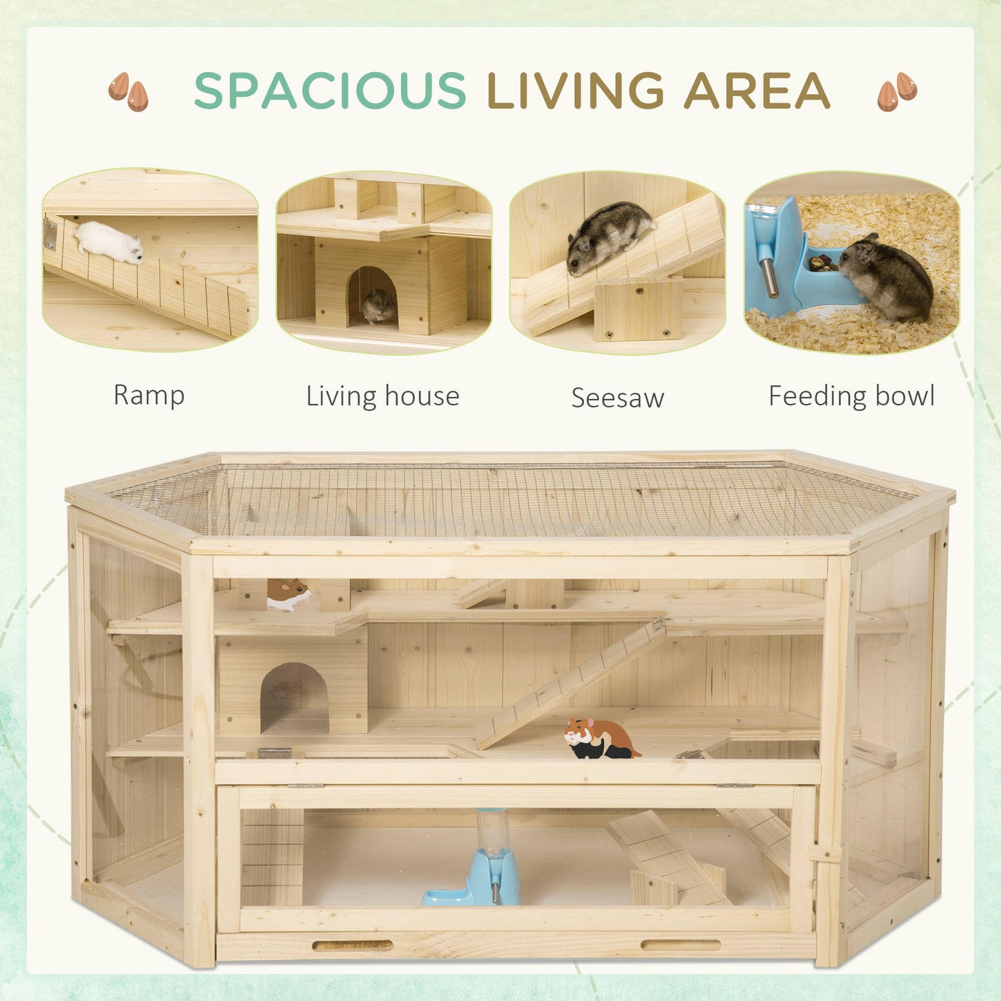 Large Wooden Hamster Cage with 3 Tiers, Seesaws & Water Bottle - Natural