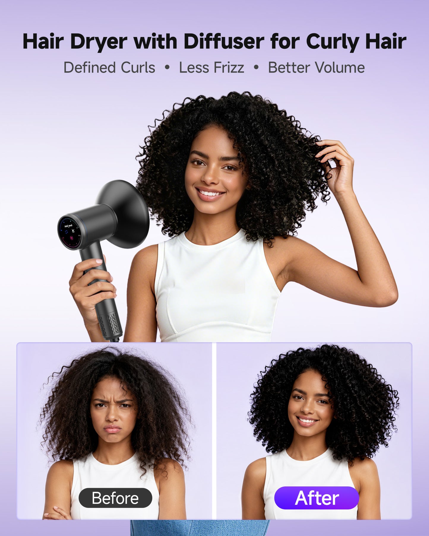 Professional Ionic Hair Dryer with Diffuser & Smart Screen - Fast Drying, Low Noise, Curly Hair Styling