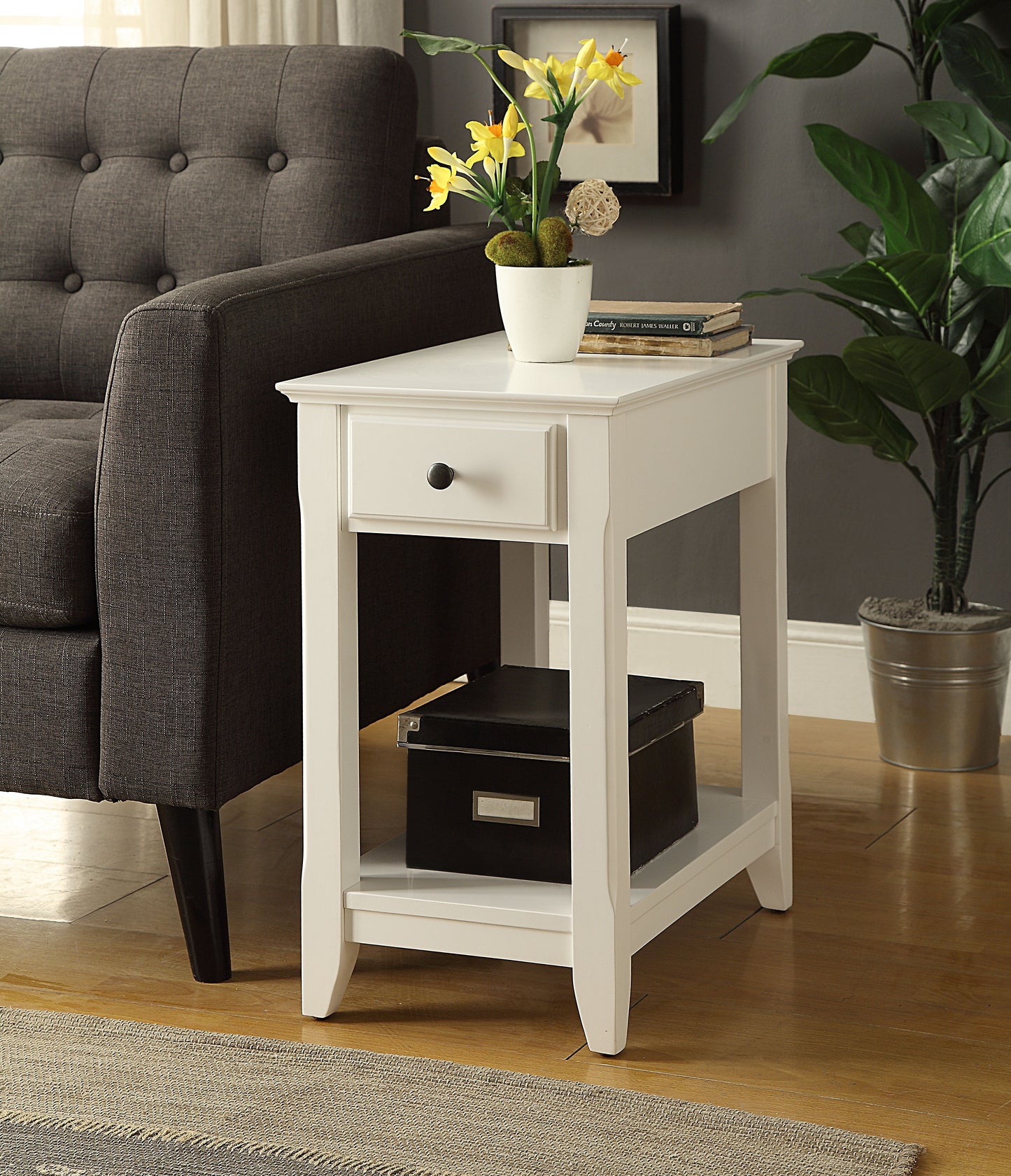 Bertie White Finish Accent Table with Storage Drawer & Shelf