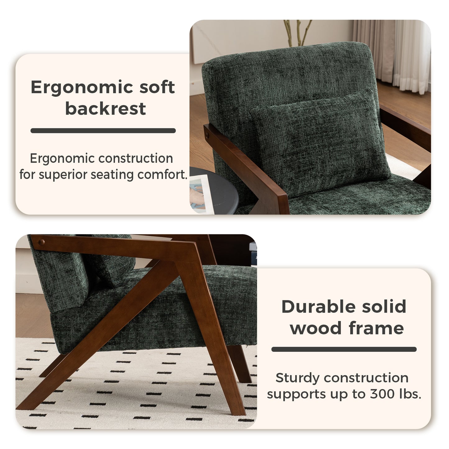 Mid-Century Modern Accent Chair - Dark Green Chenille Upholstered