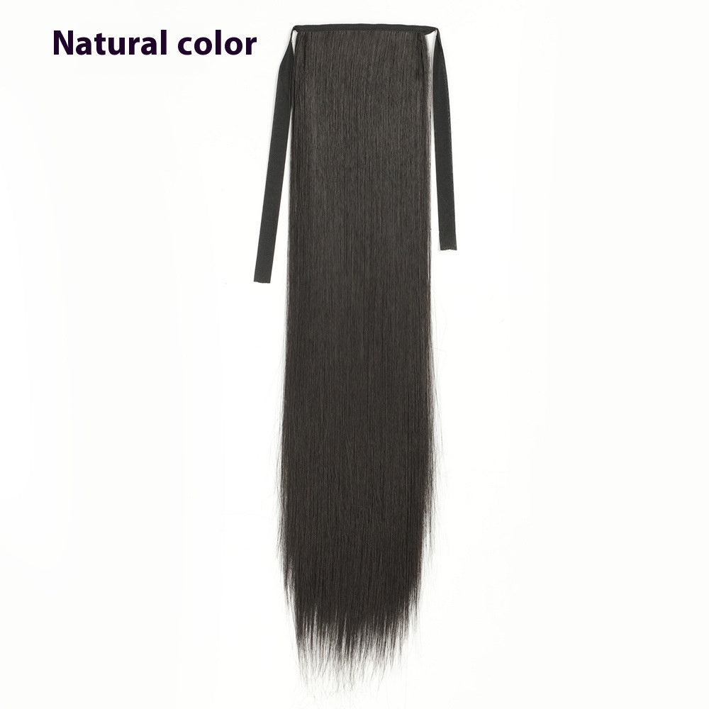 Long Straight Human Hair Wigs with Lace-Up Ponytail - Natural Black & Brown