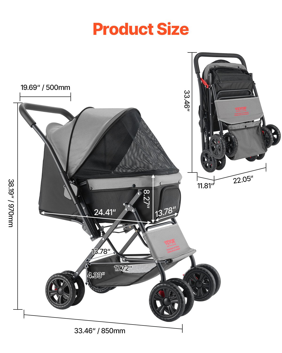 Foldable Pet Stroller for Small to Medium Dogs and Cats - Reversible Handle, Up to 44lbs