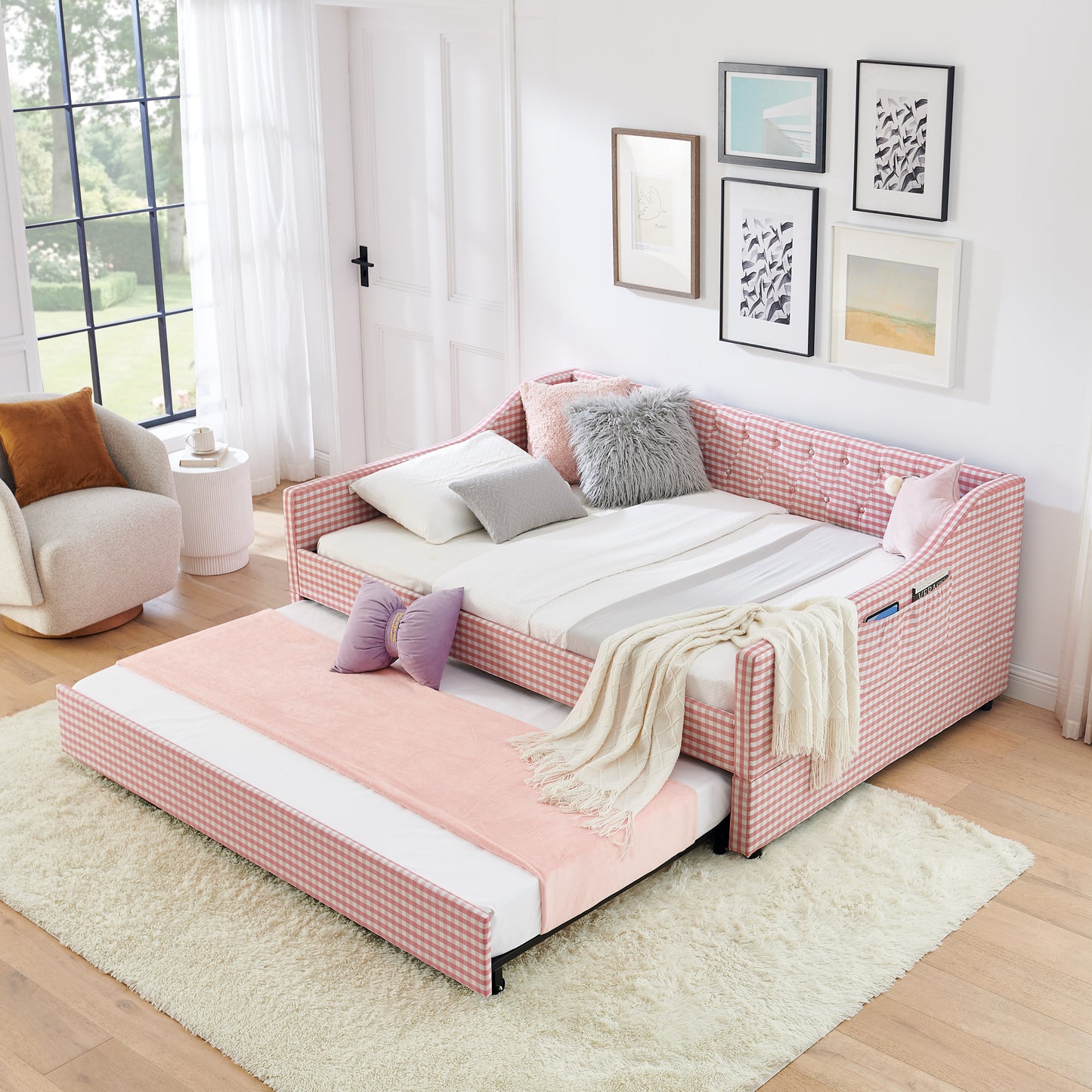 Full-Size Upholstered Convertible Daybed with Trundle & Storage - Pink