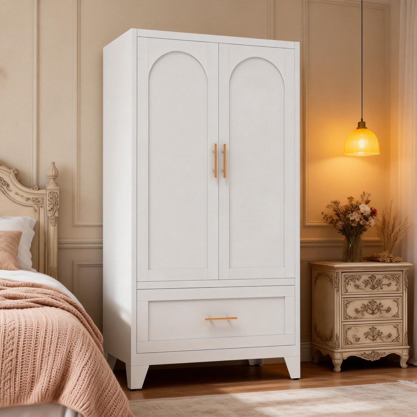 60 Tall Metal Wardrobe Cabinet With 1 Drawer And Hanging Rod, 2 Doors