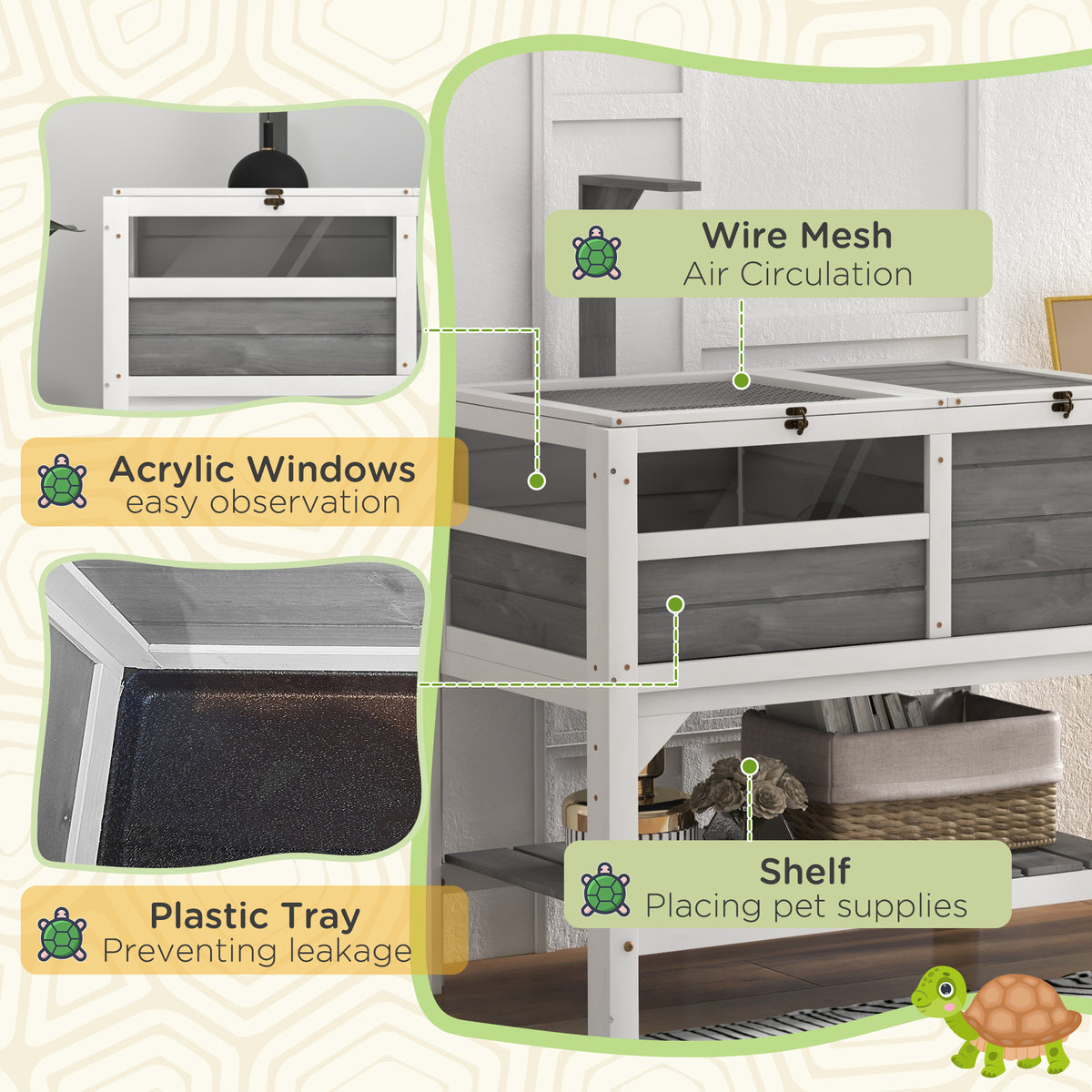 Indoor Tortoise Habitat with Shelf Storage and Weather Protection - Light Gray
