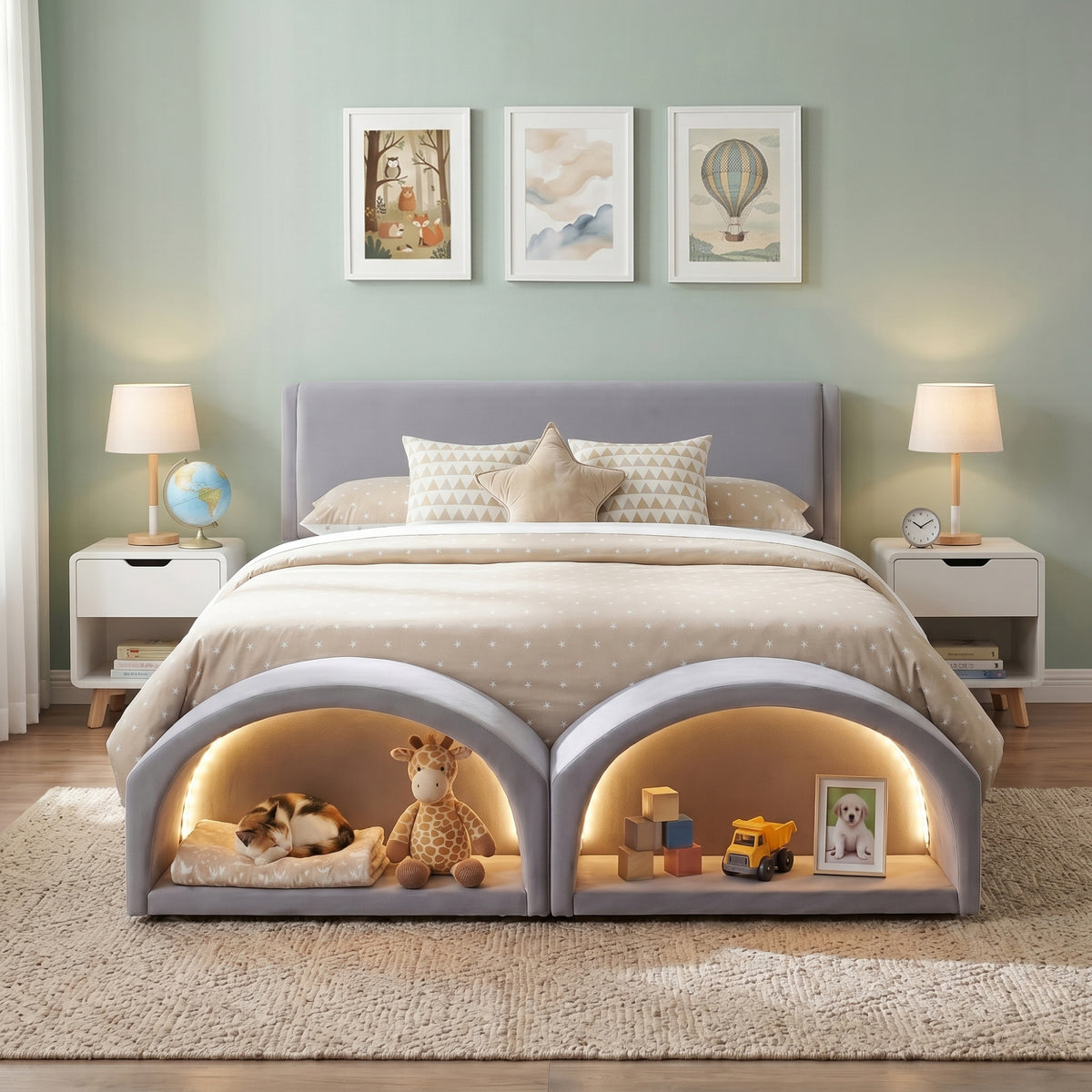 Queen Size Upholstered Platform Bed Frame with Dual Cat Caves & LED Pet Nests - Gray