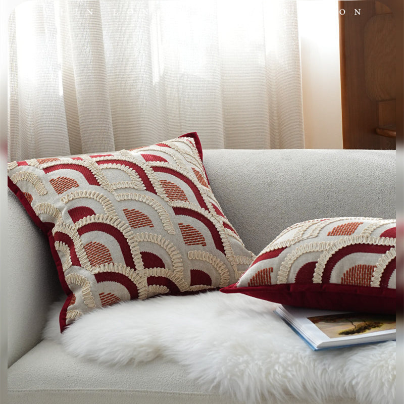 Red Wabi-Sabi Embroidered Throw Pillow - Mid-Century Style, Multiple Sizes
