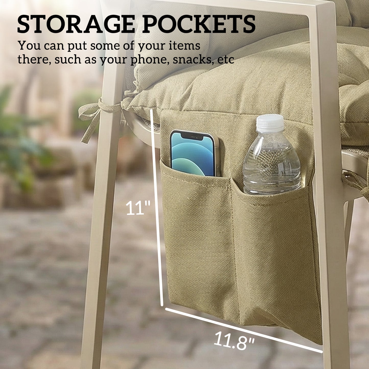Outdoor Bench Cushion with Backrest & Side Pocket - Beige