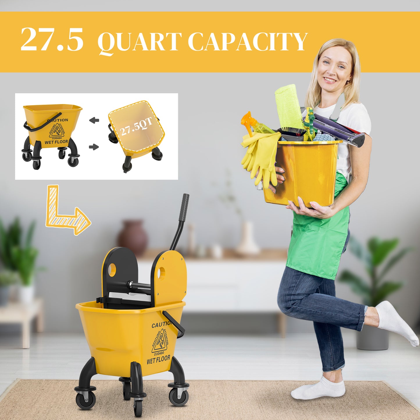 Yellow Mop Bucket with Wringer and Wheels - 27.5 Quart Floor Cleaning Cart