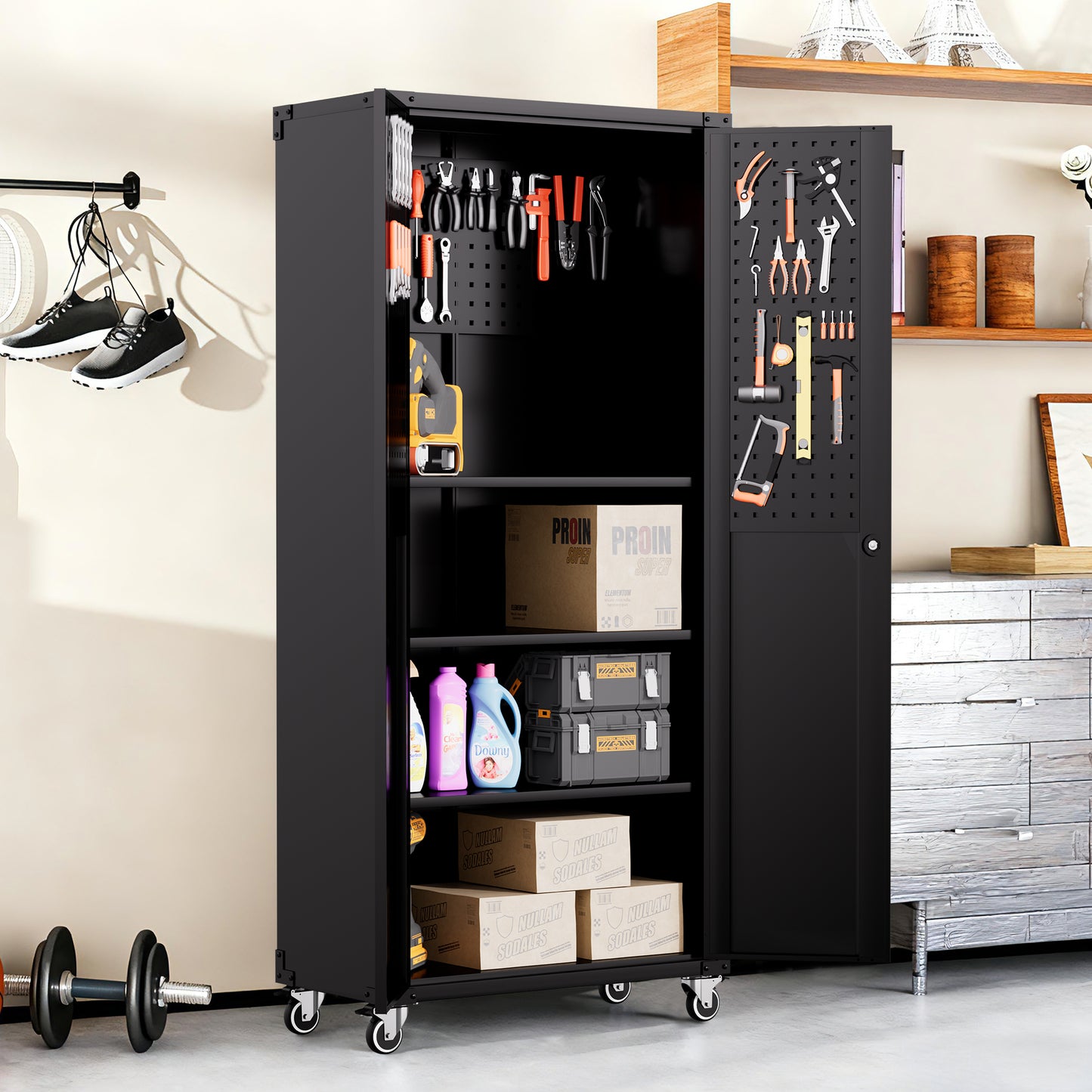 71 All-Black Metal Garage Storage Cabinet With Wheels - Heavy-Duty