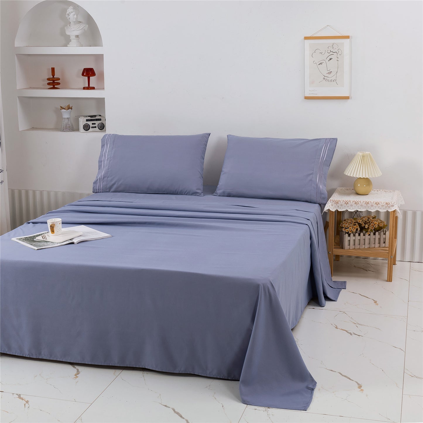 Embroidered Solid Color Bedding Set - Bed Sheets Pillowcases & Quilt Cover