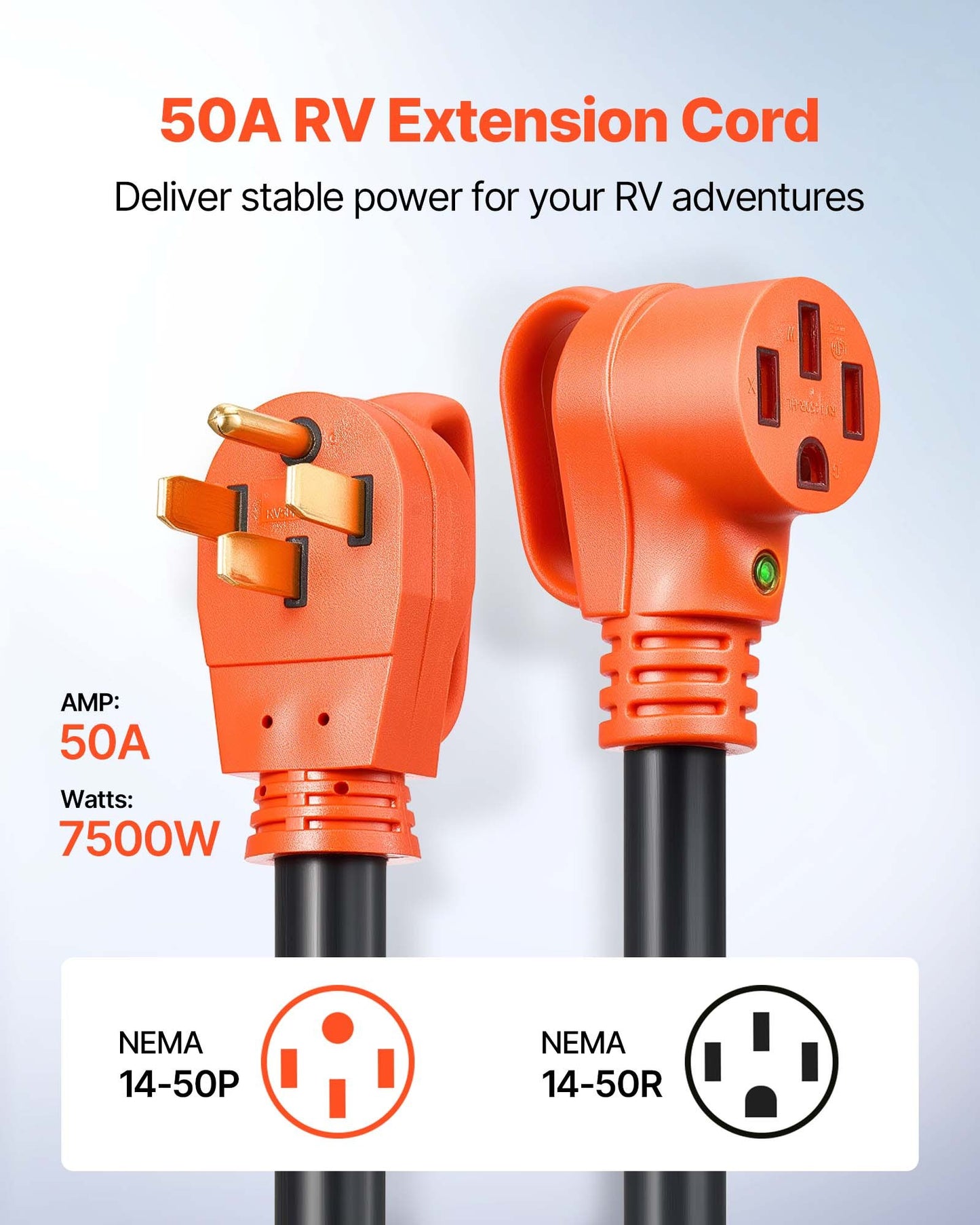 100FT Heavy-Duty 50A RV Extension Cord NEMA 14-50P to 14-50R ETL Rated Black